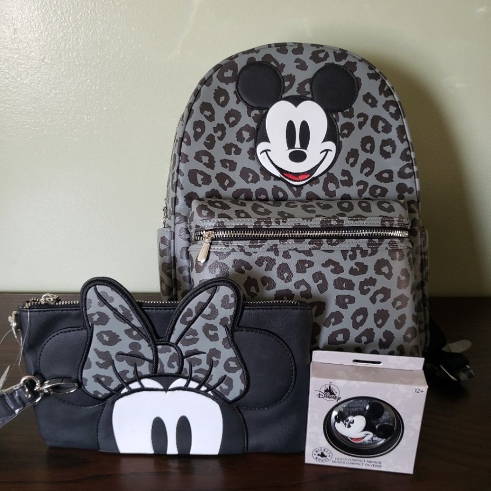 Disney Store Grayscale Mickey Backpack, Minnie Wristlet & Compact Mirror Set NWT